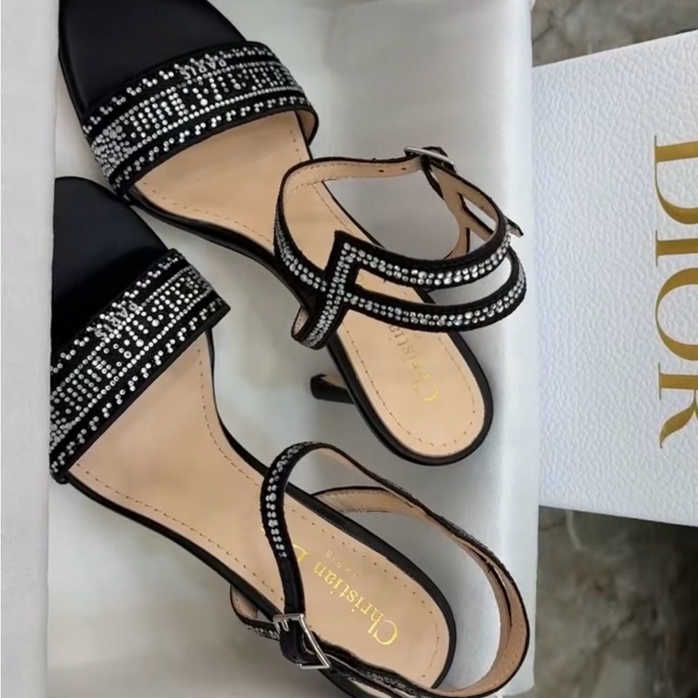 Dior Black and Silver Crystal Slingback Stiletto Sandals - Picture 2 of 6